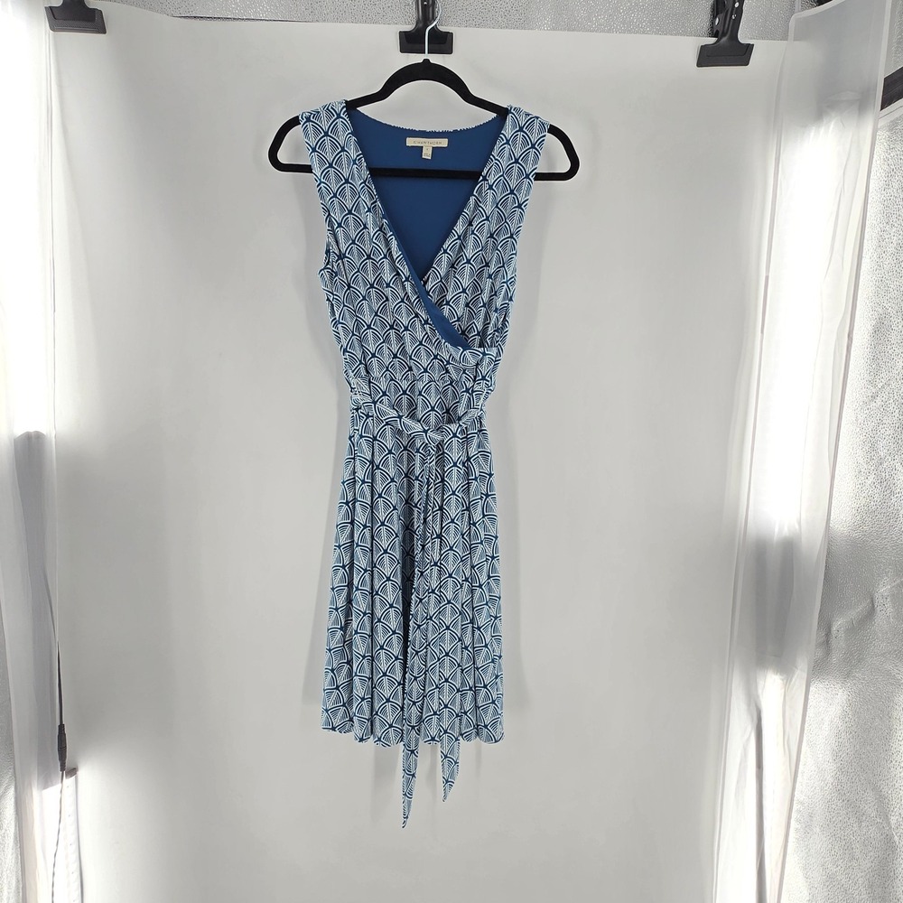 41 Hawthorne blue white sleeveless faux wrap belted a-line mini dress sz  Medium